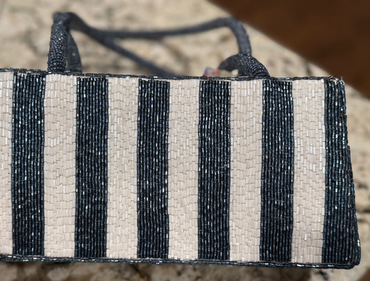 New beaded Made In India blue striped top handle tote with lemon 🍋 9x3