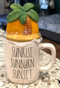 New Rae Dunn white ceramic palm tree topped coffee mug SUNRISE SUNBURN SUNSET