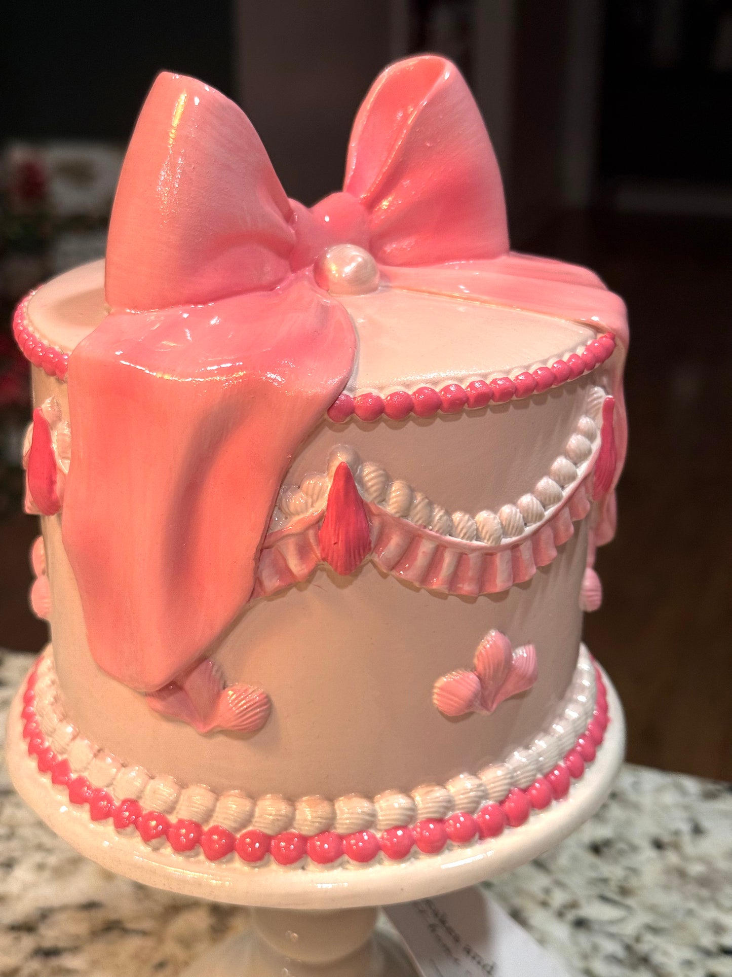 New pink coquette and pearl faux resin pedestal cake decor 11”