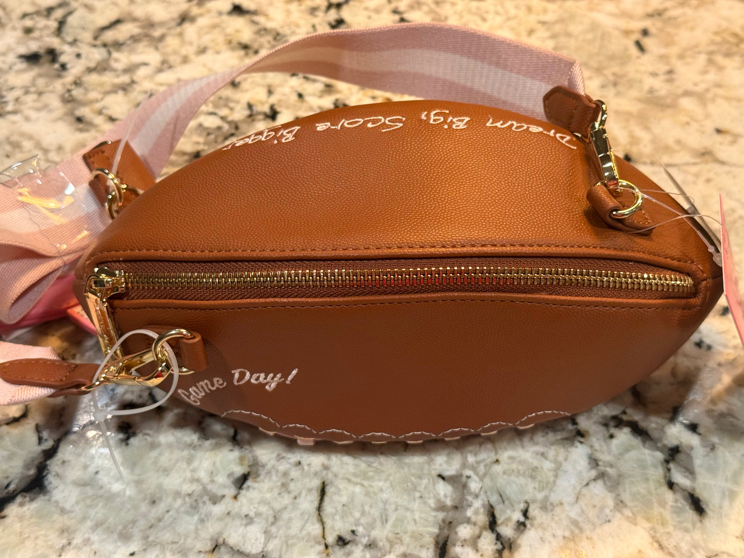 New Betsy Johnson pink trimmed football purse handbag