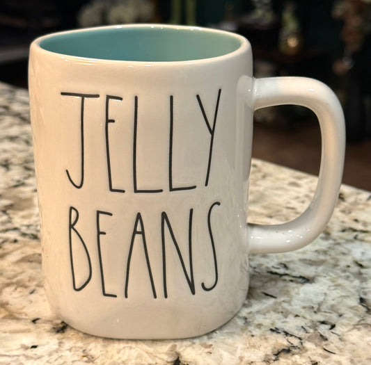 New Rae Dunn white with blue interior ceramic Easter coffee mug JELLY BEANS