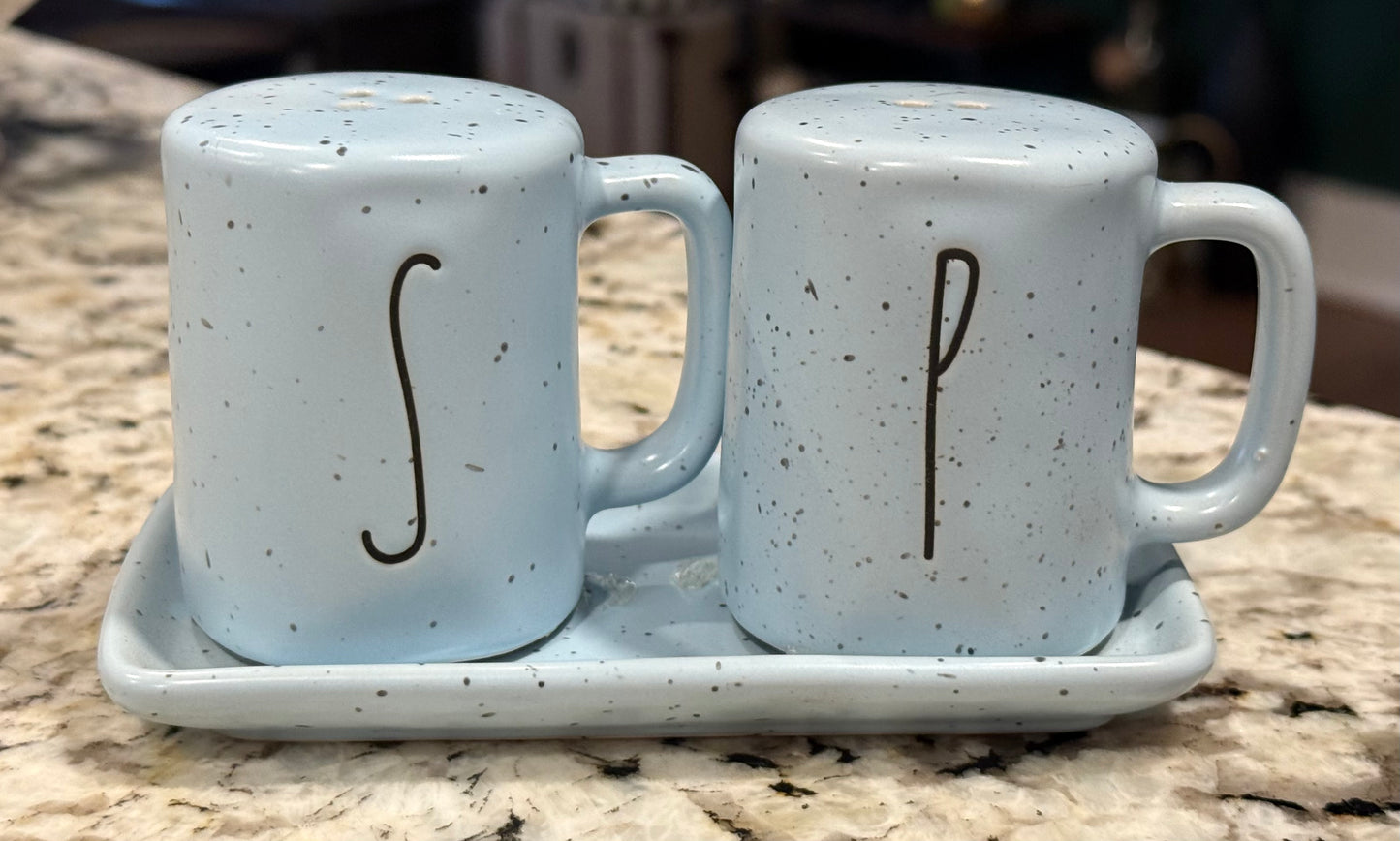 Rae Dunn blue speckled ceramic Easter Salt & Pepper set with tray