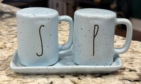 Rae Dunn blue speckled ceramic Easter Salt & Pepper set with tray