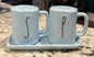 Rae Dunn blue speckled ceramic Easter Salt & Pepper set with tray