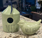 New Rae Dunn green ceramic birdhouse & bank set NEST/NEST EGG