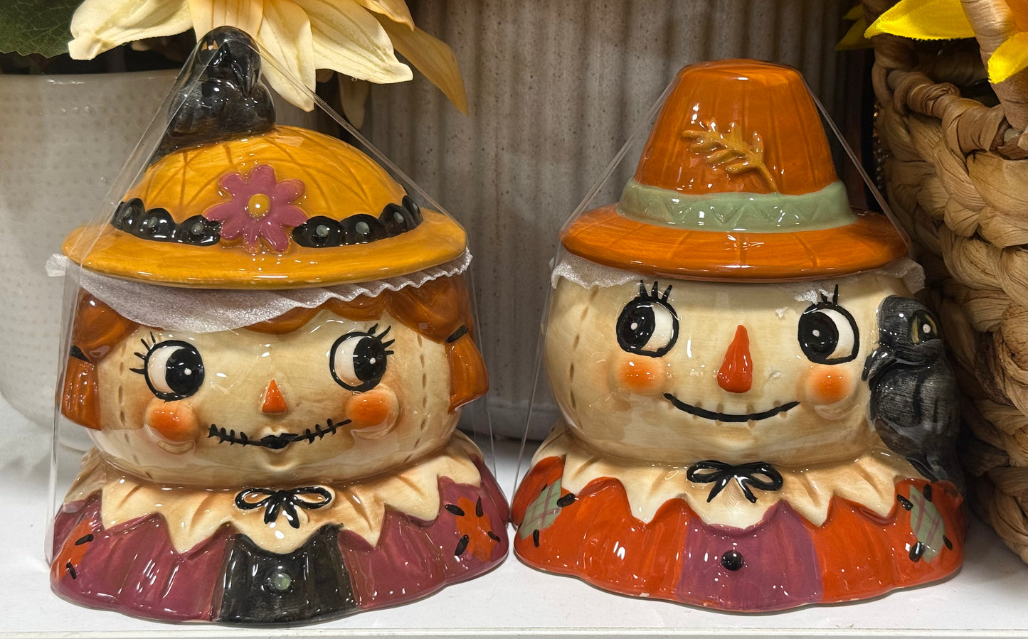 New Joanna Parker fall 2-piece scarecrow grapevine line ceramic trinket jar set 5”