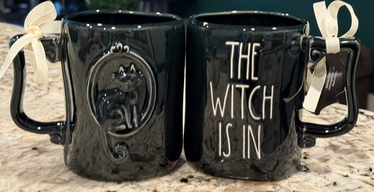 New Rae Dunn black iridescent ceramic Halloween coffee mug THE WITCH IS IN