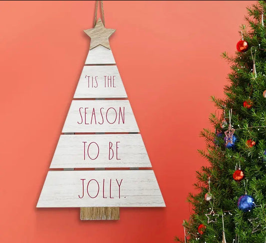 New Rae Dunn white wood tree sign Christmas decor TIS THE SEASON TO BE JOLLY
