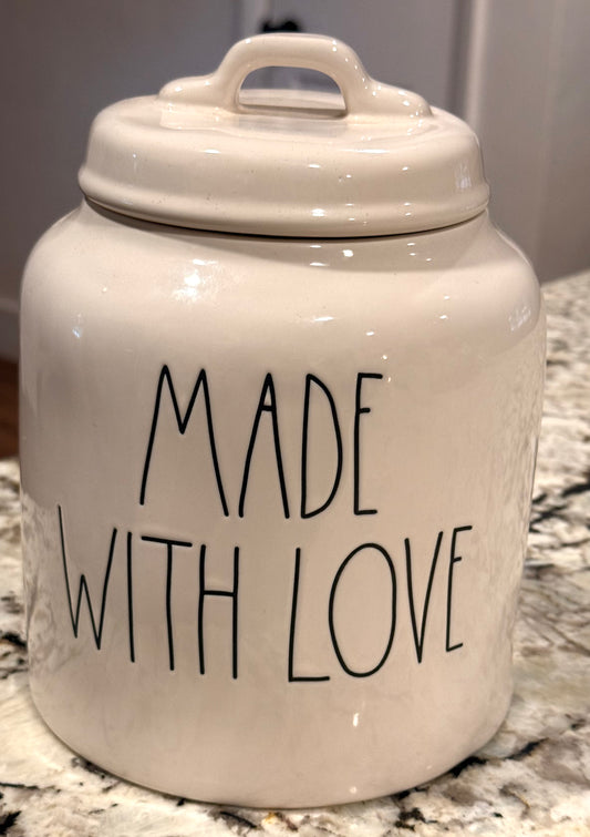 Rae Dunn white ceramic hard to find MADE WITH LOVE canister