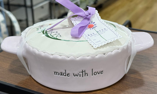 New Rae Dunn purple & white floral ceramic covered baking dish MADE WITH LOVE