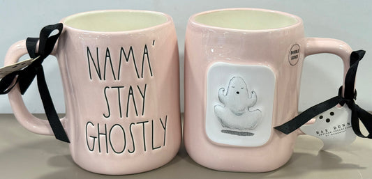 New Rae Dunn pink ceramic double sided Halloween coffee mug NAMA STAY GHOSTLY