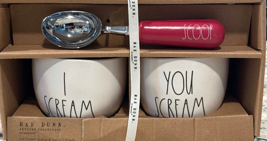 New Rae Dunn ceramic 3-piece boxed gift set I SCREAM YOU SCREAM bowls & scoop set