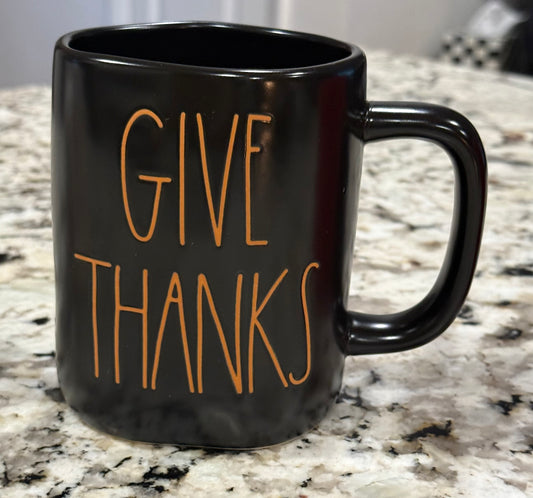 Rae Dunn black ceramic  coffee mug GIVE THANKS