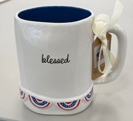 New Rae Dunn ceramic patriotic coffee mug BLESSED