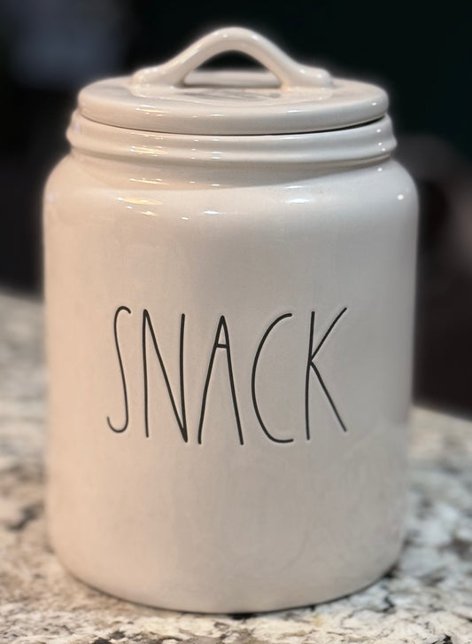 New Rae Dunn white ceramic 8” canister SNACK