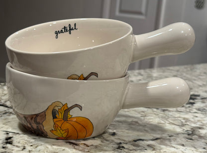 New Rae Dunn white ceramic fall handled bowl set GRATEFUL