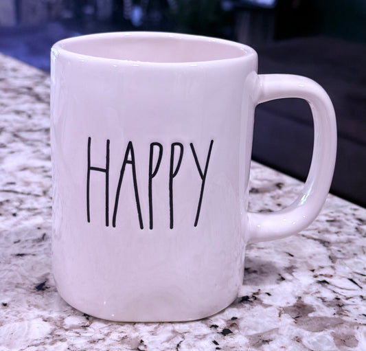 Rae Dunn white ceramic coffee mug HAPPY