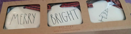 New Rae Dunn ceramic Christmas tree ornament set MERRY/BRIGHT/TREE