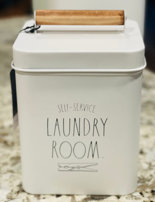 New Rae Dunn white metal LAUNDRY ROOM Storage container 8.75”
