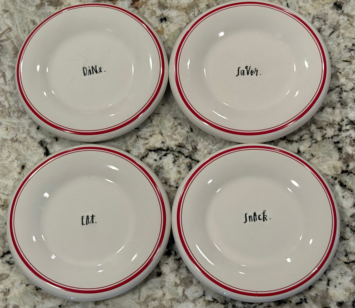 Rae Dunn gently used ceramic 4 piece appetizer plate set 5.5