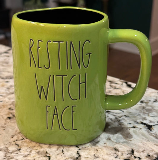 New Rae Dunn green ceramic Halloween coffee mug decor RESTING WITCH FACE