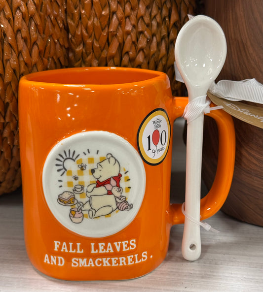 New Rae Dunn x Winnie the Pooh ceramic coffee mug with spoon fall decor FALL LEAVES AND SMACKERELS