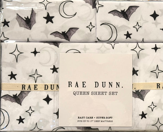 New Rae Dunn white bat/moon Halloween QUEEN sheet set