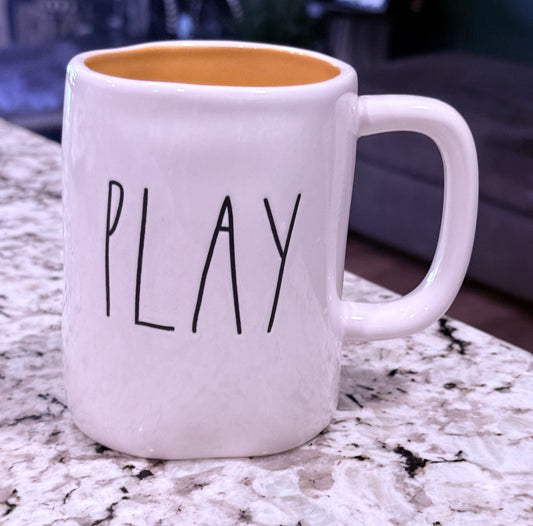 Rae Dunn white ceramic coffee mug PLAY