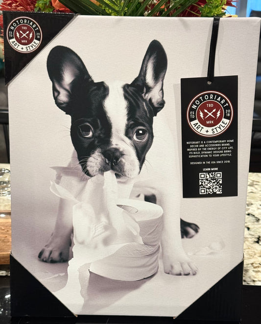 New French Bulldog with toilet paper hanging wall decor canvas photo 11x14