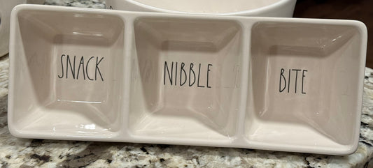 New Rae Dunn white ceramic 3 slot serving tray set SNACK NIBBLE BITE