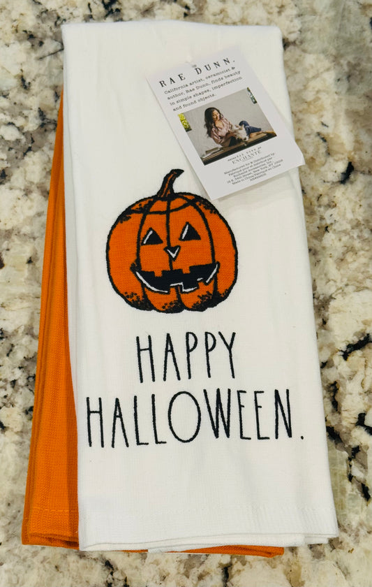 New Rae Dunn Halloween kitchen 3-piece dish towel set HAPPY HALLOWEEN.