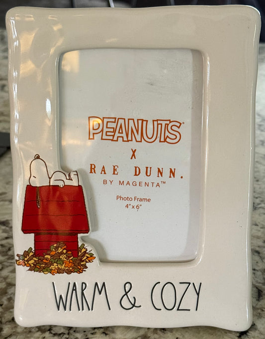 New Rae Dunn x Peanuts Snoopy ceramic photo picture frame fall decor WARM & COZY 4x4 photo insert