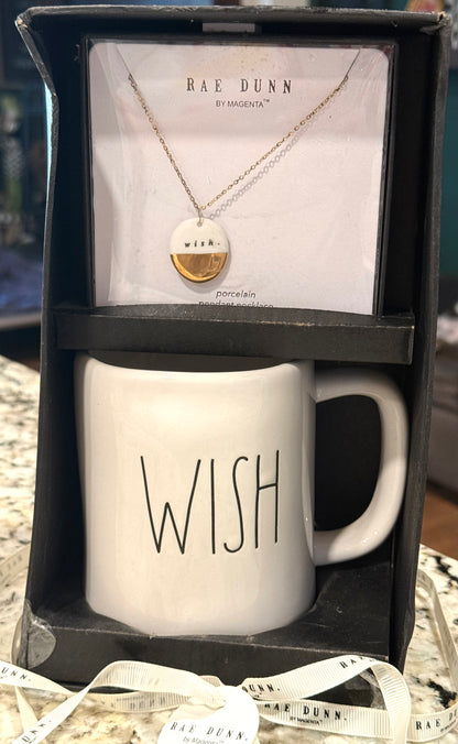 New Rae Dunn ceramic mug & necklace gift set WISH