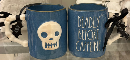 New Rae Dunn blue ceramic Halloween coffee mug DEADLY BEFORE CAFFEINE