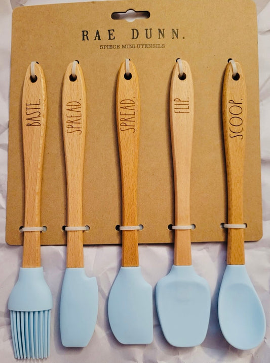 New Rae Dunn 5-piece wood handled utensil set blue rubber ends