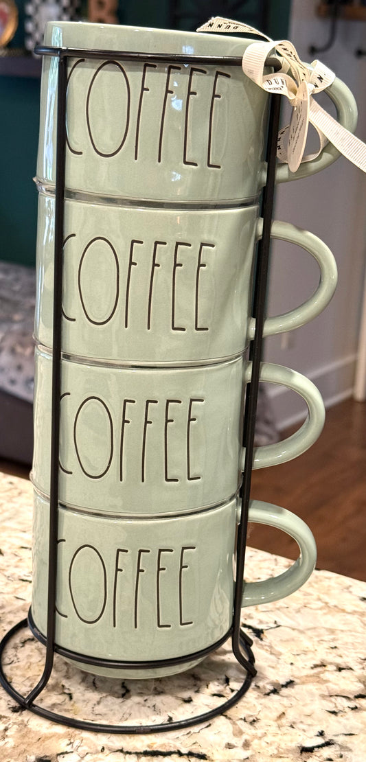 New Rae Dunn 4-piece green ceramic COFFEE mug set with metal cup holder