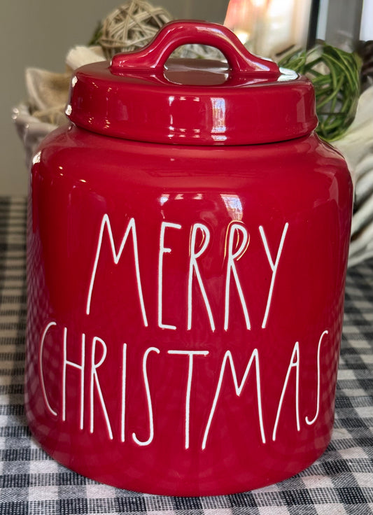 New Rae Dunn red ceramic MERRY CHRISTMAS canister 8”