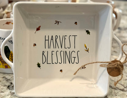 New Rae Dunn white ceramic fall baking pan 8x8 handles 10.5 HARVEST BLESSINGS