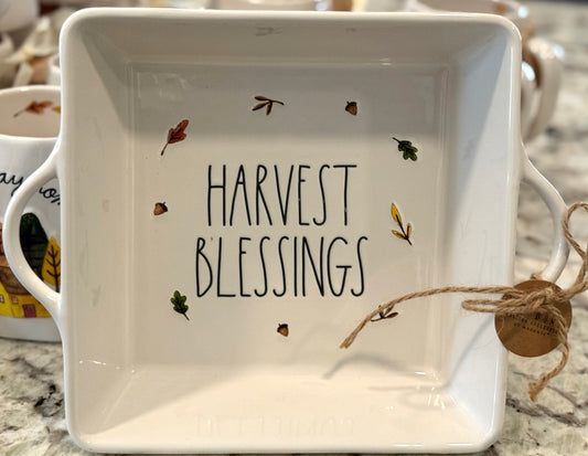 New Rae Dunn white ceramic fall baking pan 8x8 handles 10.5 HARVEST BLESSINGS