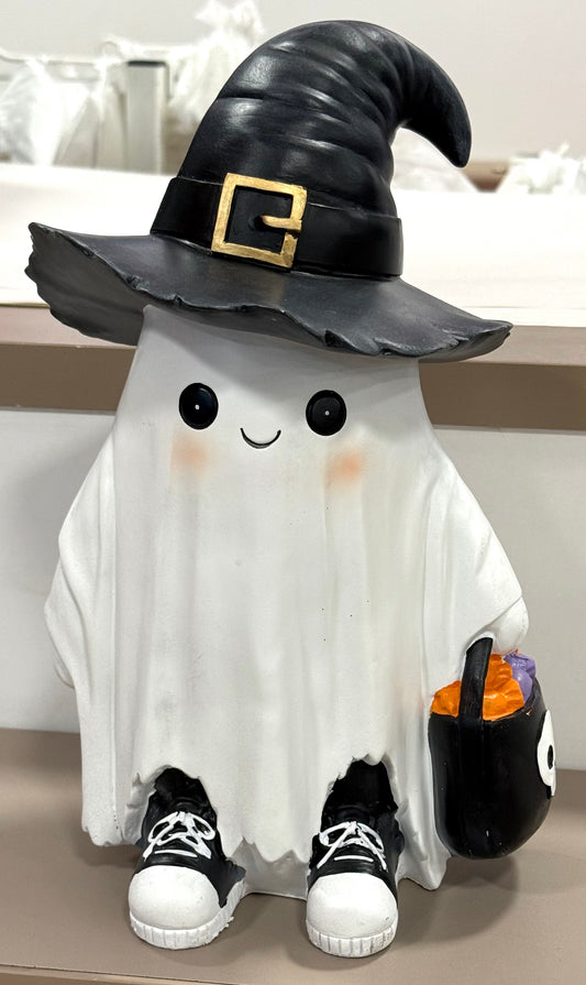 New white resin ghost with hat, shoes, and treat bag