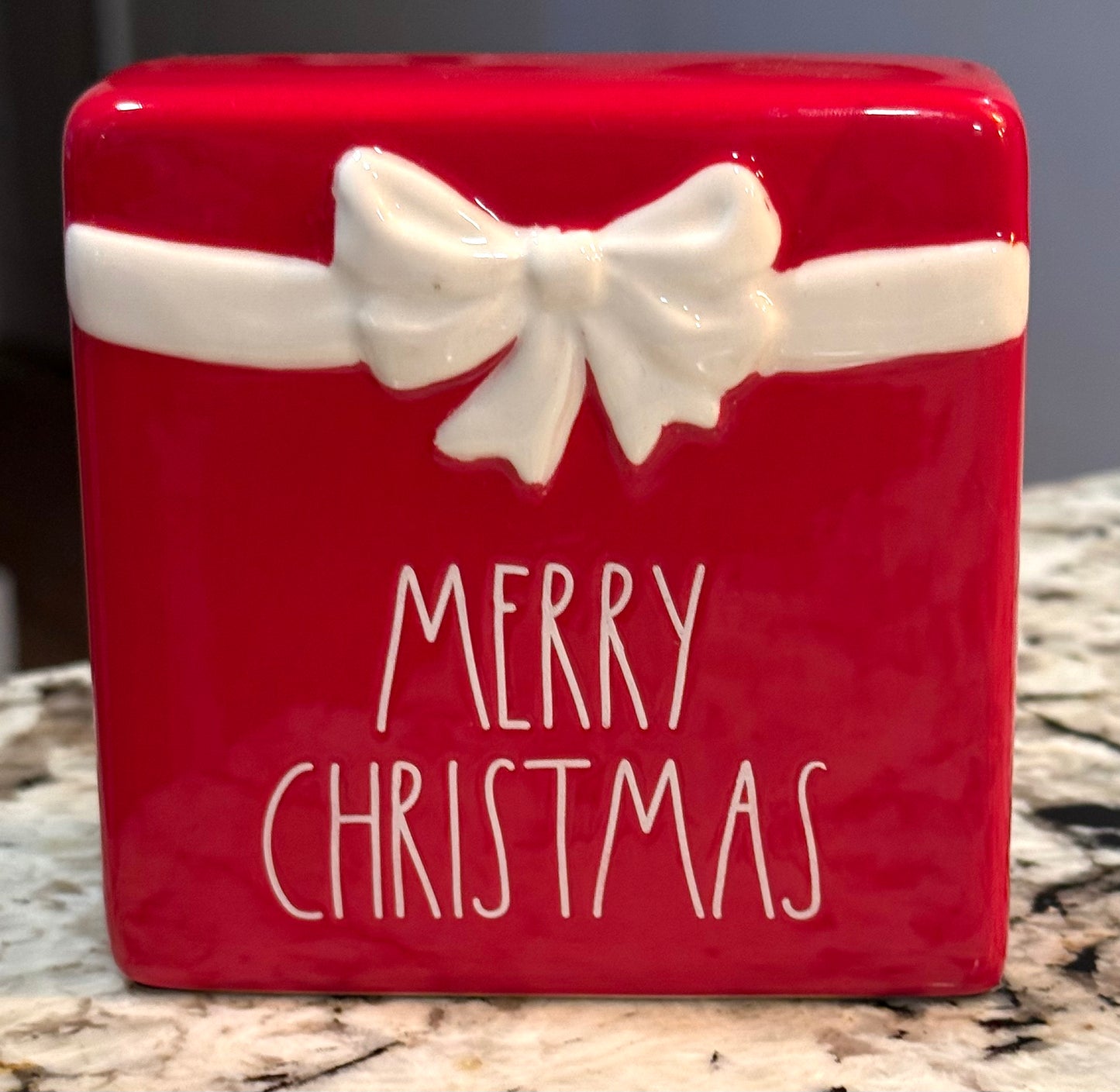 New Rae Dunn red ceramic MERRY CHRISTMAS bow 5x5 decor block