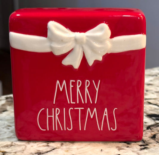 New Rae Dunn red ceramic MERRY CHRISTMAS bow 5x5 decor block