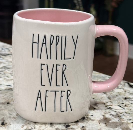 New Rae Dunn white ceramic coffee mug HAPPILY EVER AFTER