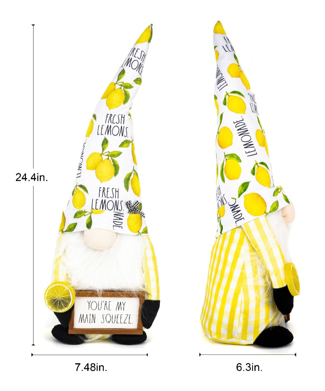 New Rae Dunn yellow gingham and plaid plush lemon gnome decor YOU’RE MY MAIN SQUEEZE