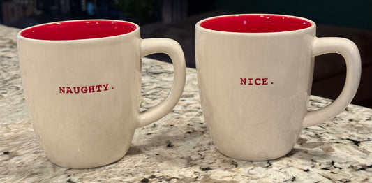 New Rae Dunn white ceramic 2- piece Christmas typewriter print coffee mug NAUGHTY/NICE