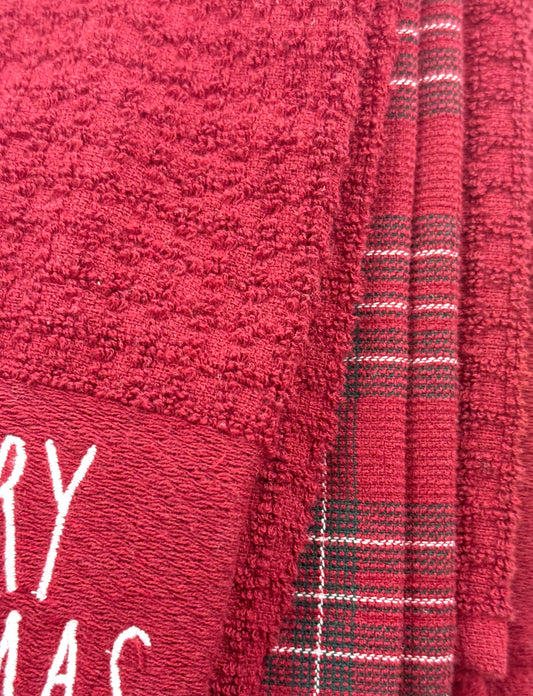 New Rae Dunn red plaid 3-piece kitchen towel set MERRY CHRISTMAS