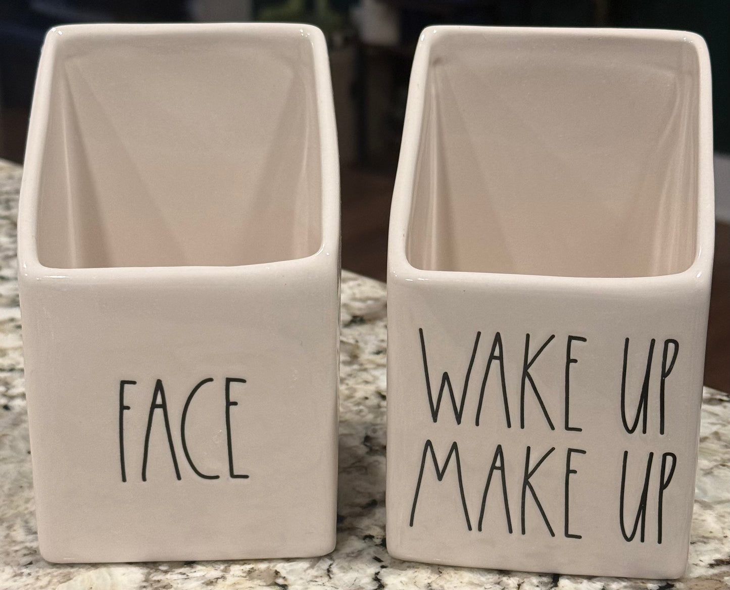 New Rae Dunn 2-piece white ceramic storage holders FACE/WAKE UP MAKE UP