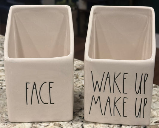New Rae Dunn 2-piece white ceramic storage holders FACE/WAKE UP MAKE UP