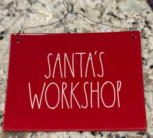 New Rae Dunn red ceramic SANTA’S WORKSHOP wall hanging sign