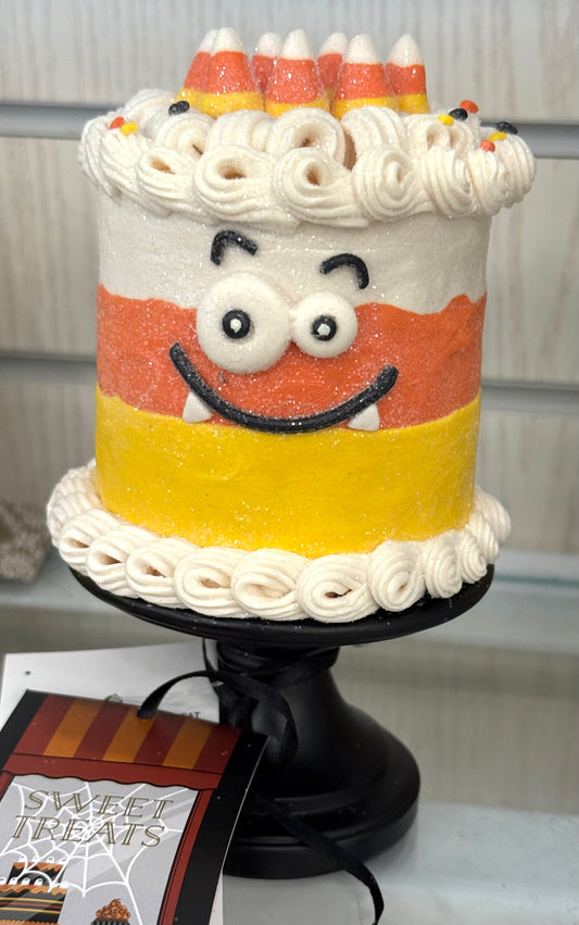 New resin candy corn goofy eye Halloween pedestal decor cake 5.5”